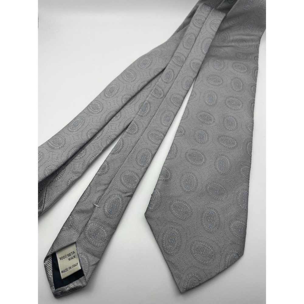 Trussardi Mens Silk Tie Silver Grey Medallion Crest Jacquard Made in Italy